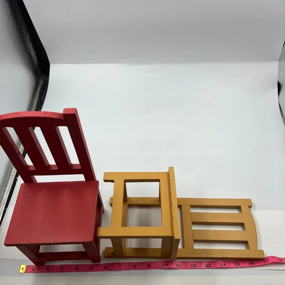Vintage Red Mustard Wooden Chair Wall Shelves Set Folk Art Nursery Decor 10in